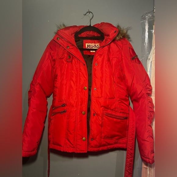 VINTAGE Mudd Red Puffer Jacket with Detachable Faux Fur Hood, Y2K, medium - Picture 2 of 11